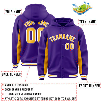 Custom Purple Gold Color Block Varsity Full-Snap Letterman Jacket Hoodie