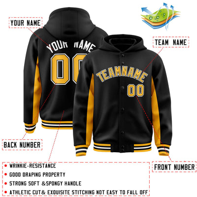 Custom Black Gold Color Block Varsity Full-Snap Letterman Jacket Hoodie