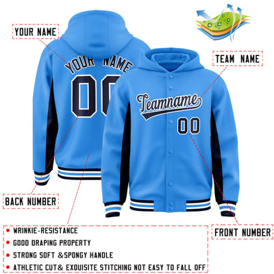 Custom Powder Blue Navy Color Block Varsity Full-Snap Letterman Jacket Hoodie