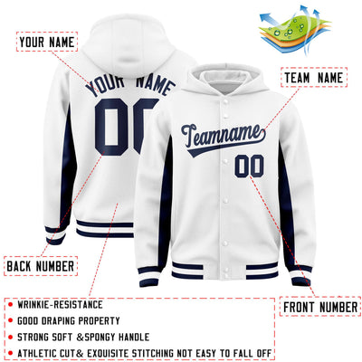Custom White Navy Color Block Varsity Full-Snap Letterman Jacket Hoodie