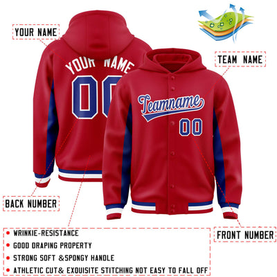 Custom Red Royal Color Block Varsity Full-Snap Letterman Jacket Hoodie
