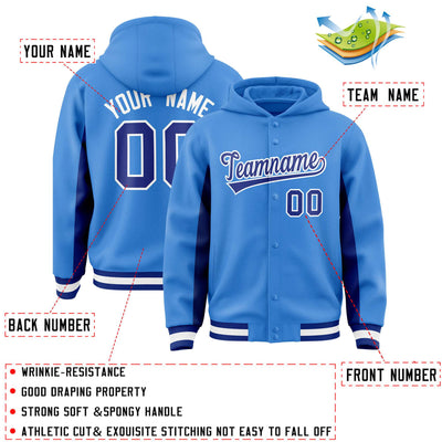 Custom Powder Blue Royal Color Block Varsity Full-Snap Letterman Jacket Hoodie