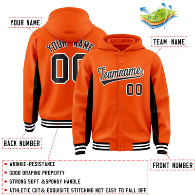 Custom Orange Black Color Block Varsity Full-Snap Letterman Jacket Hoodie