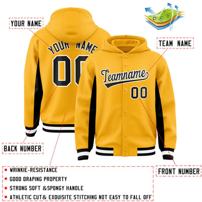 Custom Gold Black Color Block Varsity Full-Snap Letterman Jacket Hoodie