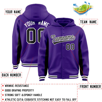 Custom Purple Black Color Block Varsity Full-Snap Letterman Jacket Hoodie