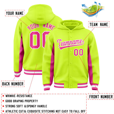 Custom Neon Green Pink Color Block Varsity Full-Snap Letterman Jacket Hoodie