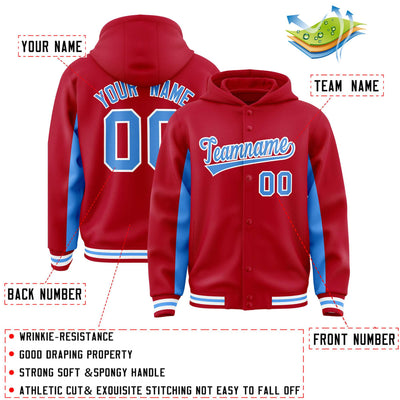 Custom Red Powder Blue Color Block Varsity Full-Snap Letterman Jacket Hoodie