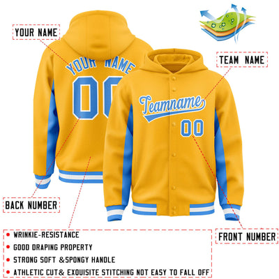 Custom Gold Powder Blue Color Block Varsity Full-Snap Letterman Jacket Hoodie