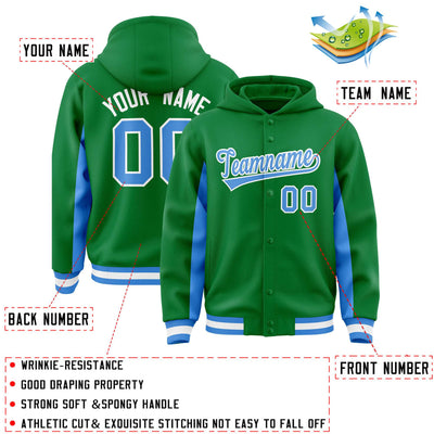 Custom Kelly Green Powder Blue Color Block Varsity Full-Snap Letterman Jacket Hoodie