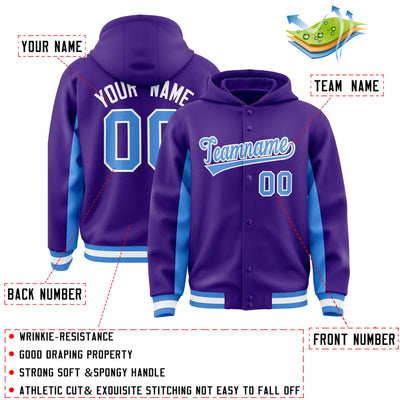 Custom Purple Powder Blue Color Block Varsity Full-Snap Letterman Jacket Hoodie