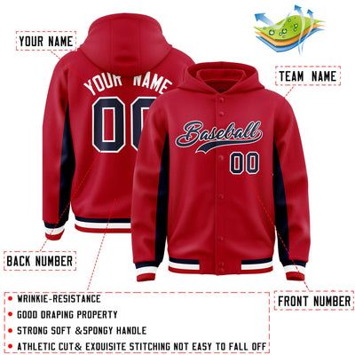 Custom Red Navy Color Block Varsity Full-Snap Letterman Jacket Hoodie