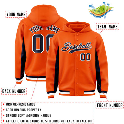 Custom Orange Navy Color Block Varsity Full-Snap Letterman Jacket Hoodie