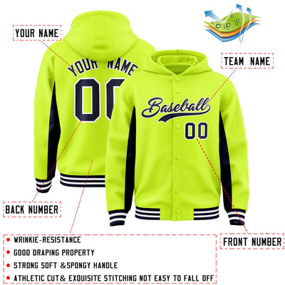 Custom Neon Green Navy Color Block Varsity Full-Snap Letterman Jacket Hoodie