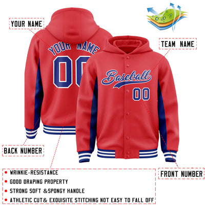 Custom Light Red Royal Color Block Varsity Full-Snap Letterman Jacket Hoodie