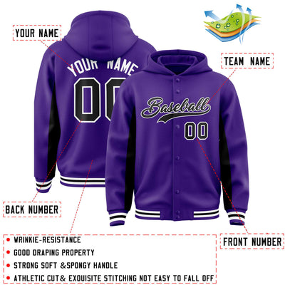 Custom Purple Black Color Block Varsity Full-Snap Letterman Jacket Hoodie