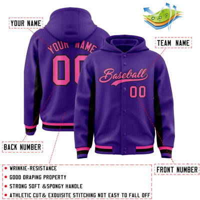 Custom Purple Black Color Block Varsity Full-Snap Letterman Jacket Hoodie