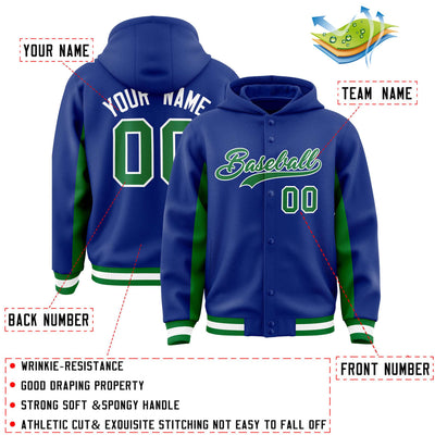 Custom Royal Kelly Green Color Block Varsity Full-Snap Letterman Jacket Hoodie