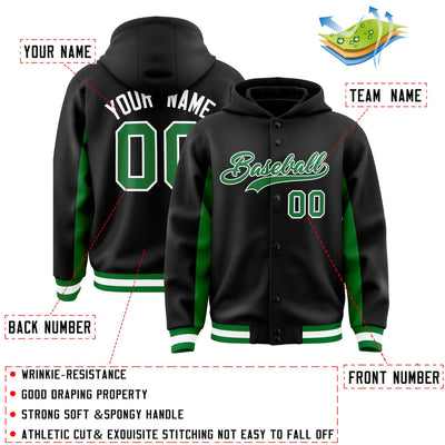Custom Black Kelly Green Color Block Varsity Full-Snap Letterman Jacket Hoodie