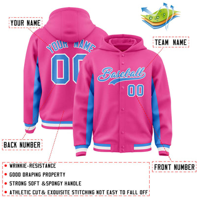Custom Pink Powder Blue Color Block Varsity Full-Snap Letterman Jacket Hoodie