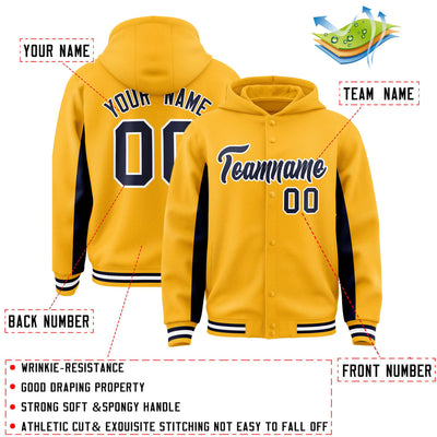 Custom Gold Navy Color Block Varsity Full-Snap Letterman Jacket Hoodie