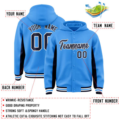 Custom Powder Blue Navy Color Block Varsity Full-Snap Letterman Jacket Hoodie