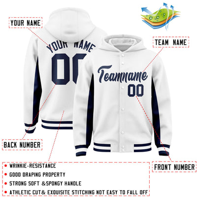Custom White Navy Color Block Varsity Full-Snap Letterman Jacket Hoodie