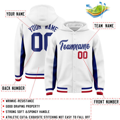 Custom White Royal Color Block Varsity Full-Snap Letterman Jacket Hoodie