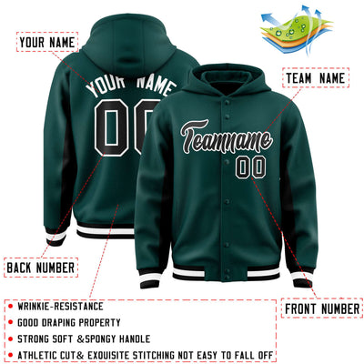Custom Midnight Green Black Color Block Varsity Full-Snap Letterman Jacket Hoodie