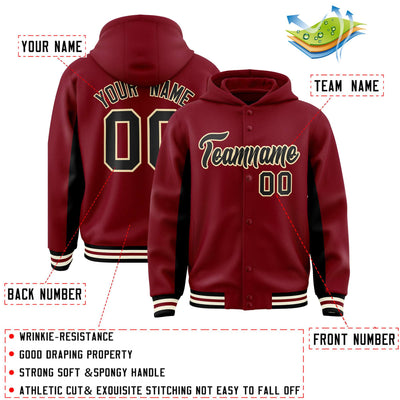 Custom Crimson Black Color Block Varsity Full-Snap Letterman Jacket Hoodie