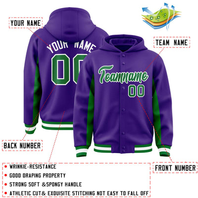 Custom Purple Kelly Green Color Block Varsity Full-Snap Letterman Jacket Hoodie
