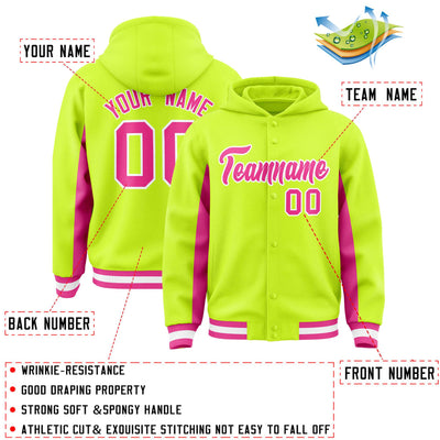 Custom Neon Green Pink Color Block Varsity Full-Snap Letterman Jacket Hoodie