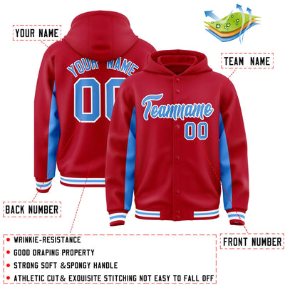 Custom Red Powder Blue Color Block Varsity Full-Snap Letterman Jacket Hoodie