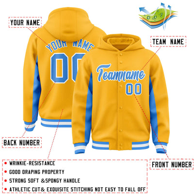 Custom Gold Powder Blue Color Block Varsity Full-Snap Letterman Jacket Hoodie