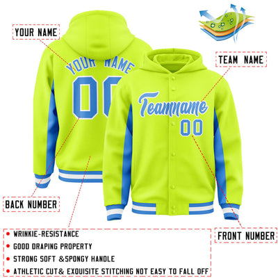 Custom Neon Green Powder Blue Color Block Varsity Full-Snap Letterman Jacket Hoodie