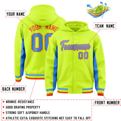 Custom Neon Green Powder Blue Color Block Varsity Full-Snap Letterman Jacket Hoodie