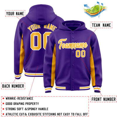 Custom Purple Gold Color Block Varsity Full-Snap Letterman Jacket Hoodie