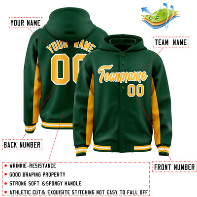 Custom Green Gold Color Block Varsity Full-Snap Letterman Jacket Hoodie